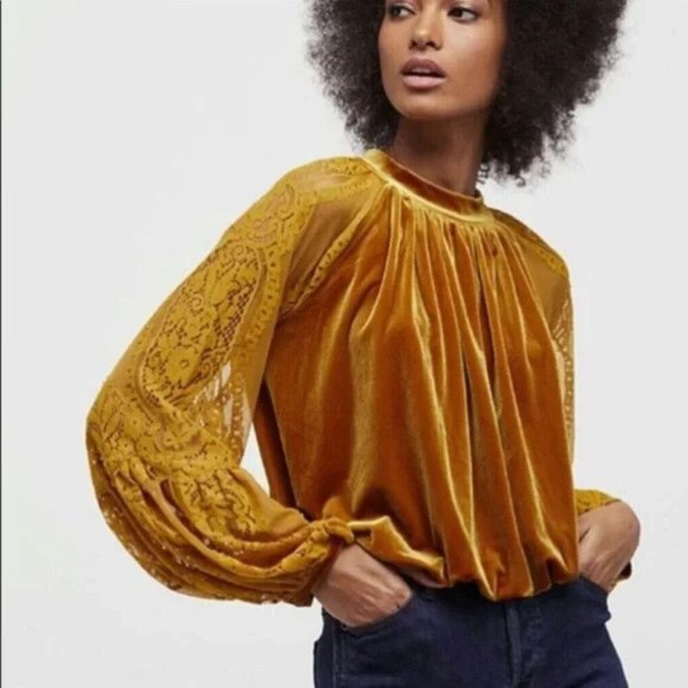 Free People Velvet Top Golden Mustard Lace Balloon Sleeve Boho Whimsigoth Fairy